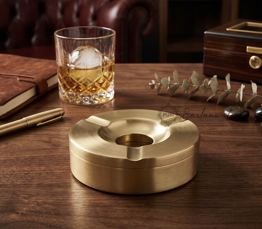 pure-brass-round-ashtray-matt- Pure Brass Round Ashtray - Glossy Finish