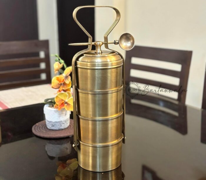 Vintage Style 4-Tier Pure Brass Tiffin Lunch Box with Inner Tin Lining & Spoon