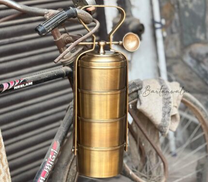 Vintage Style 4-Tier Pure Brass Tiffin Lunch Box with Inner Tin Lining & Spoon