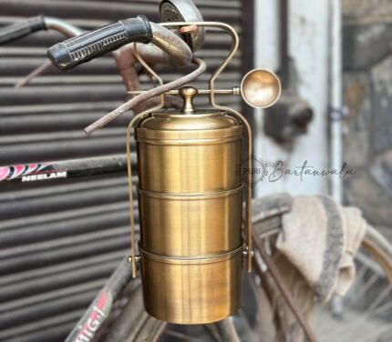 Vintage Style 4-Tier Pure Brass Tiffin Lunch Box with Inner Tin Lining & Spoon