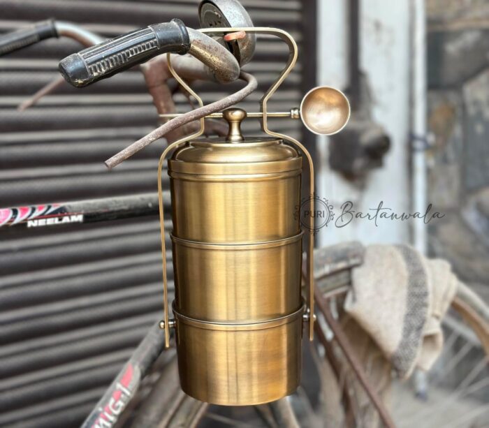 Vintage Style 4-Tier Pure Brass Tiffin Lunch Box with Inner Tin Lining & Spoon
