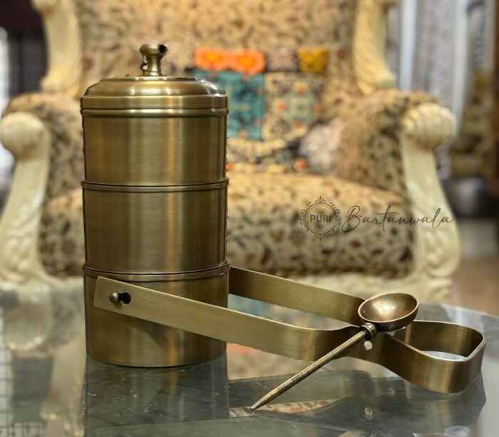 Vintage Style 4-Tier Pure Brass Tiffin Lunch Box with Inner Tin Lining & Spoon