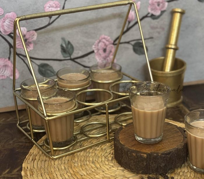 Durbari Chai Stand – 6 Glass Holder, Brass Finish Steel