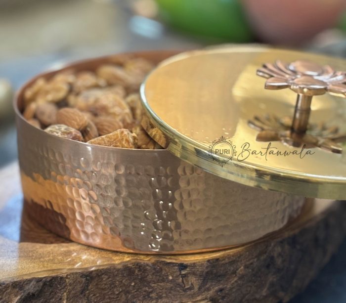 Pure Copper Hammered Dry Fruit & Dates Container with Brass Lid