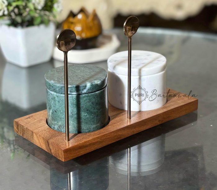Marble Salt & Pepper Set – Green White with Rose Gold