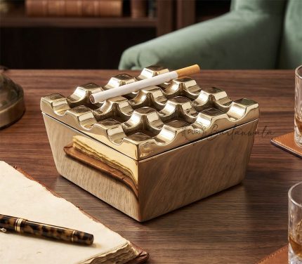 Glossy Brass Cigar Ashtray – 9 Grid Windproof Tabletop