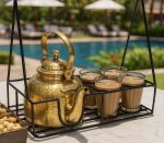 Bombay Cutting Chai Set – 4 Glass Stand & Brass Kettle 1.25L